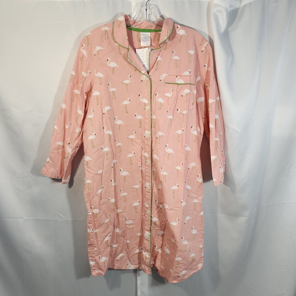 Lands' End Size Medium.Pink Flamingo Button-Up Night Gown